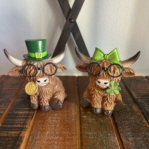 Hobby Lobby St. Patrick's Day Highland Cow Figurine Set Clover Gold Coin NEW
